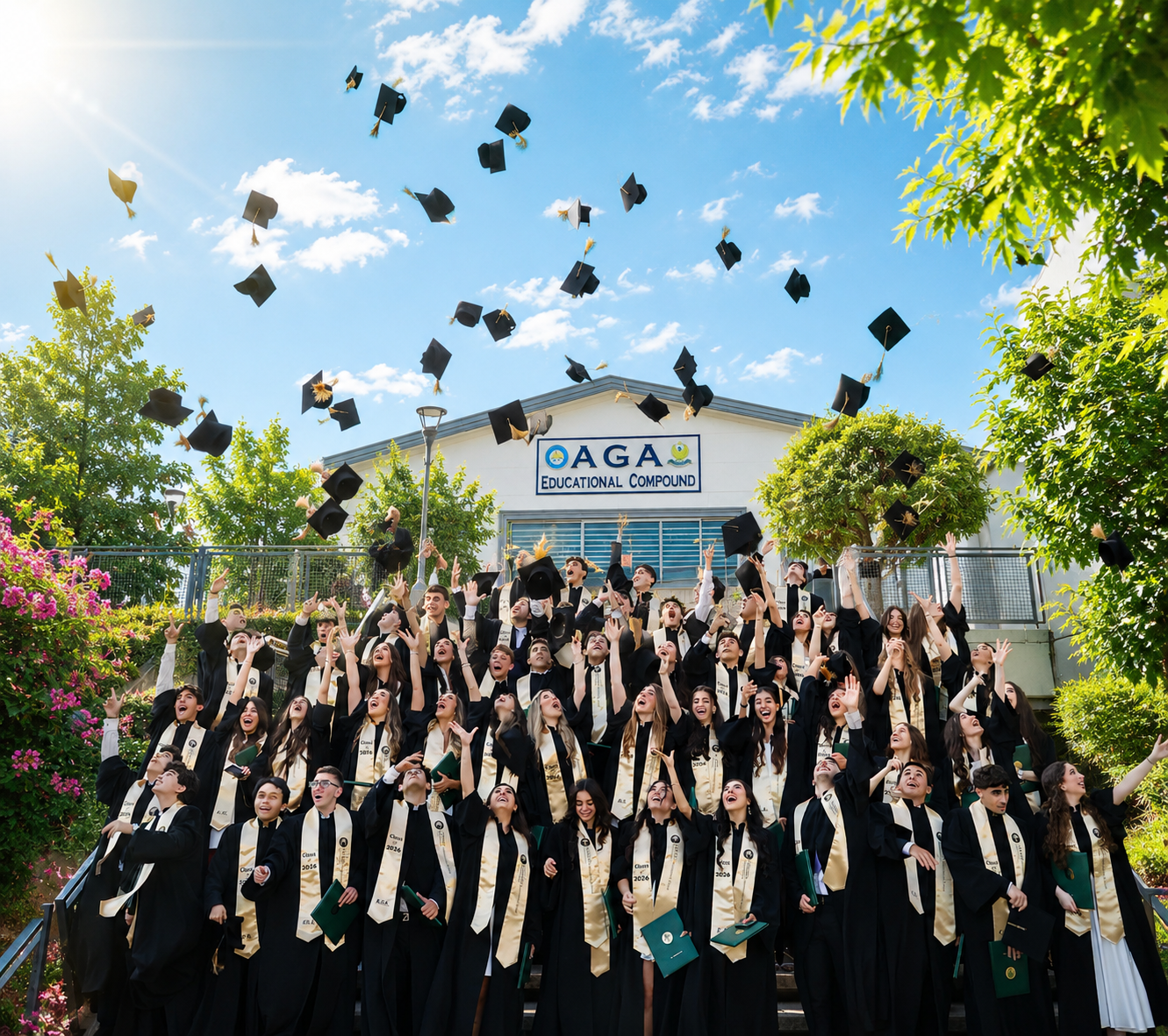 Graduates celebrating and throwing their caps